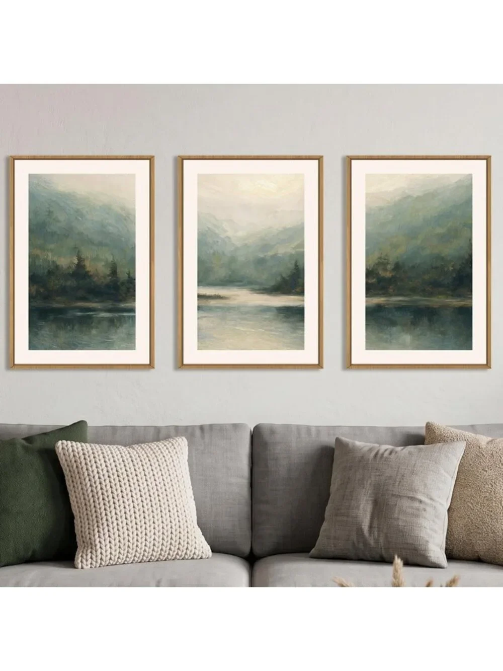 Watercolor Green Forest Mountain Framed Canvas Wall Art - 16